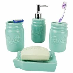 New 🥰 HOME BASICS 4-Piece Dolomite Mason Jar Bath Set, Mint 👏