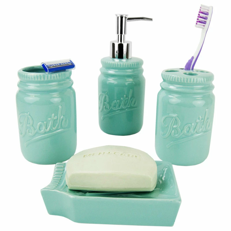 New 🥰 HOME BASICS 4-Piece Dolomite Mason Jar Bath Set, Mint 👏 1 New 🥰 HOME BASICS 4-Piece Dolomite Mason Jar Bath Set, Mint 👏