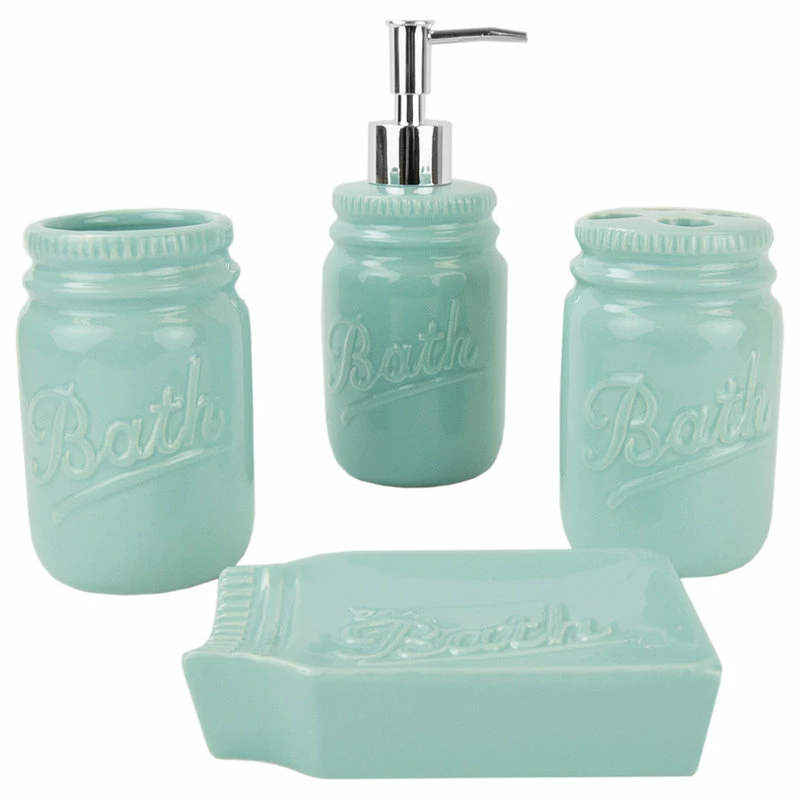 New 🥰 HOME BASICS 4-Piece Dolomite Mason Jar Bath Set, Mint 👏 2 New 🥰 HOME BASICS 4-Piece Dolomite Mason Jar Bath Set, Mint 👏 - Image 2
