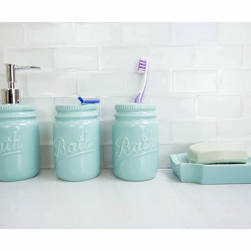 New 🥰 HOME BASICS 4-Piece Dolomite Mason Jar Bath Set, Mint 👏 3 New 🥰 HOME BASICS 4-Piece Dolomite Mason Jar Bath Set, Mint 👏 - Image 3