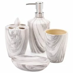 Best deal 👏 Zingz & Thingz 3 Piece Marble Printed Ceramic Bath Accessory In White And Gray 🥰